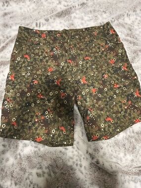 Duluth Trading Co Olive Floral Shorts with Coral Flower Accents